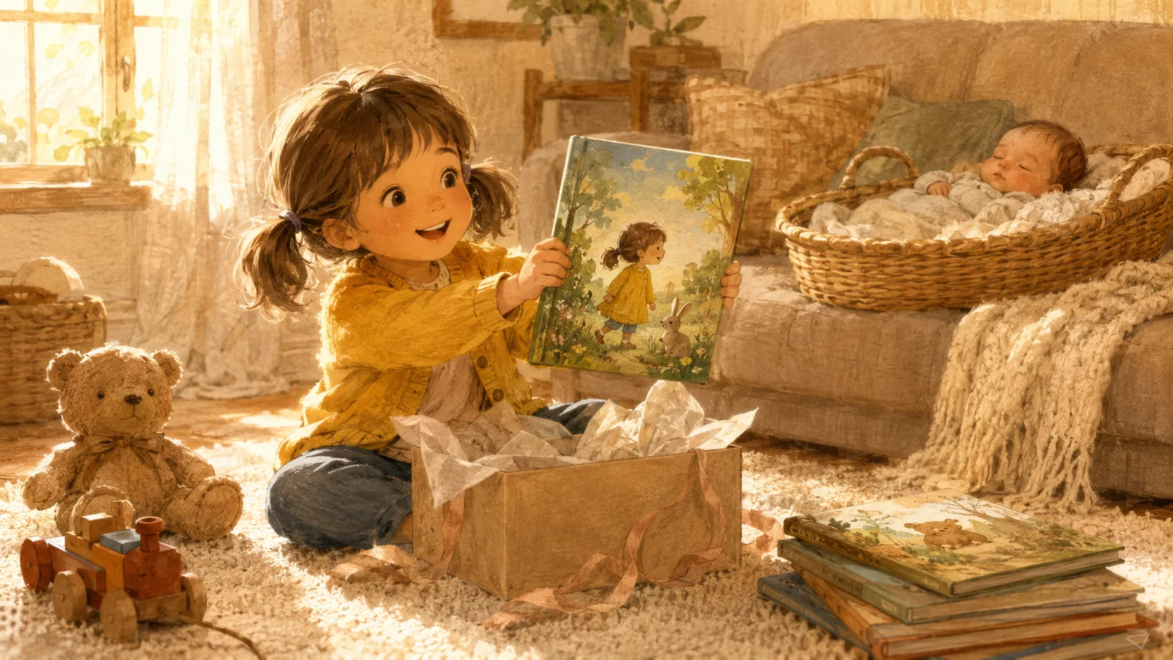 A young girl in a cosy living room joyfully unwrapping a gift box, holding a personalised storybook with her name, while a baby sleeps nearby.