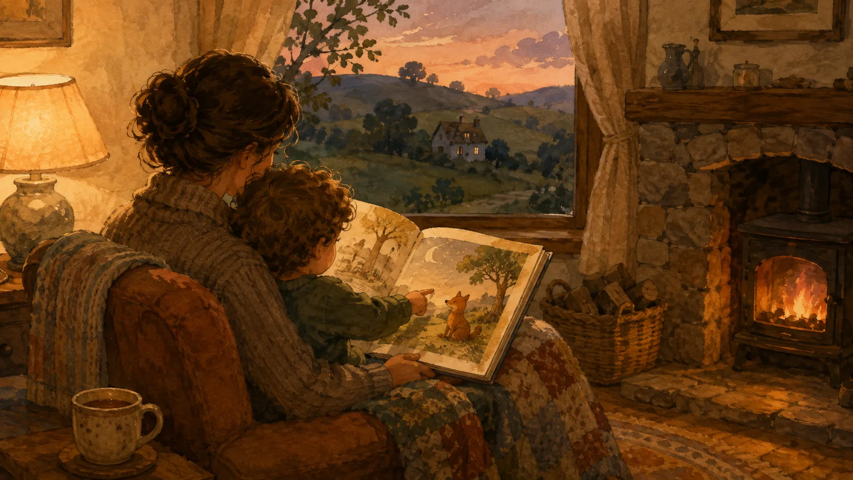 A young child and a parent sit in an armchair reading a picture book together in a warm, lamp-lit room with a view of green hills outside.