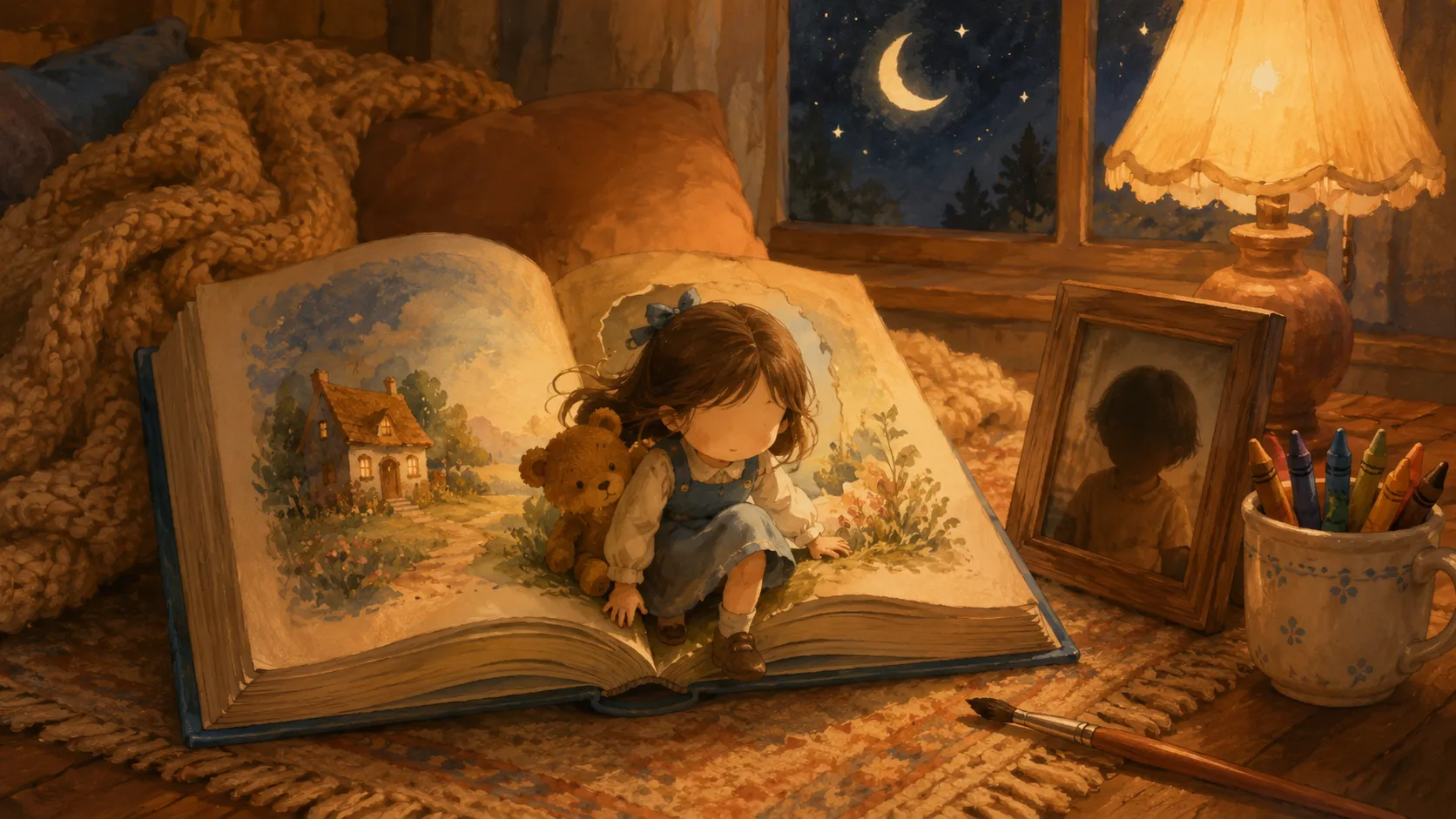 A hand-painted illustration of an open storybook with a painted girl and bear stepping from the page, beside a framed photo and a paintbrush in a cosy twilight nook.
