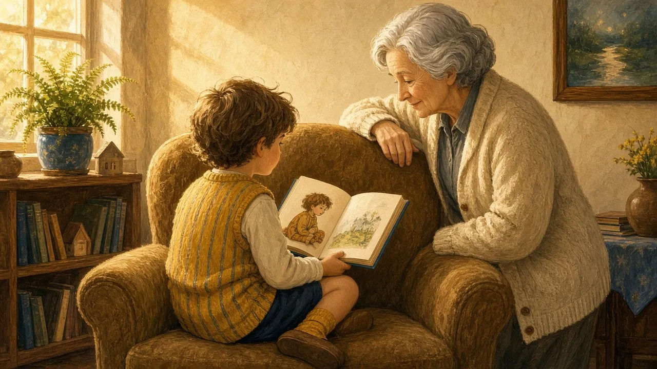 A child in a mustard striped jumper and a grey-haired grandparent sit together in a warm living room, looking at an open picture book whose illustrated character mirrors the child from behind.