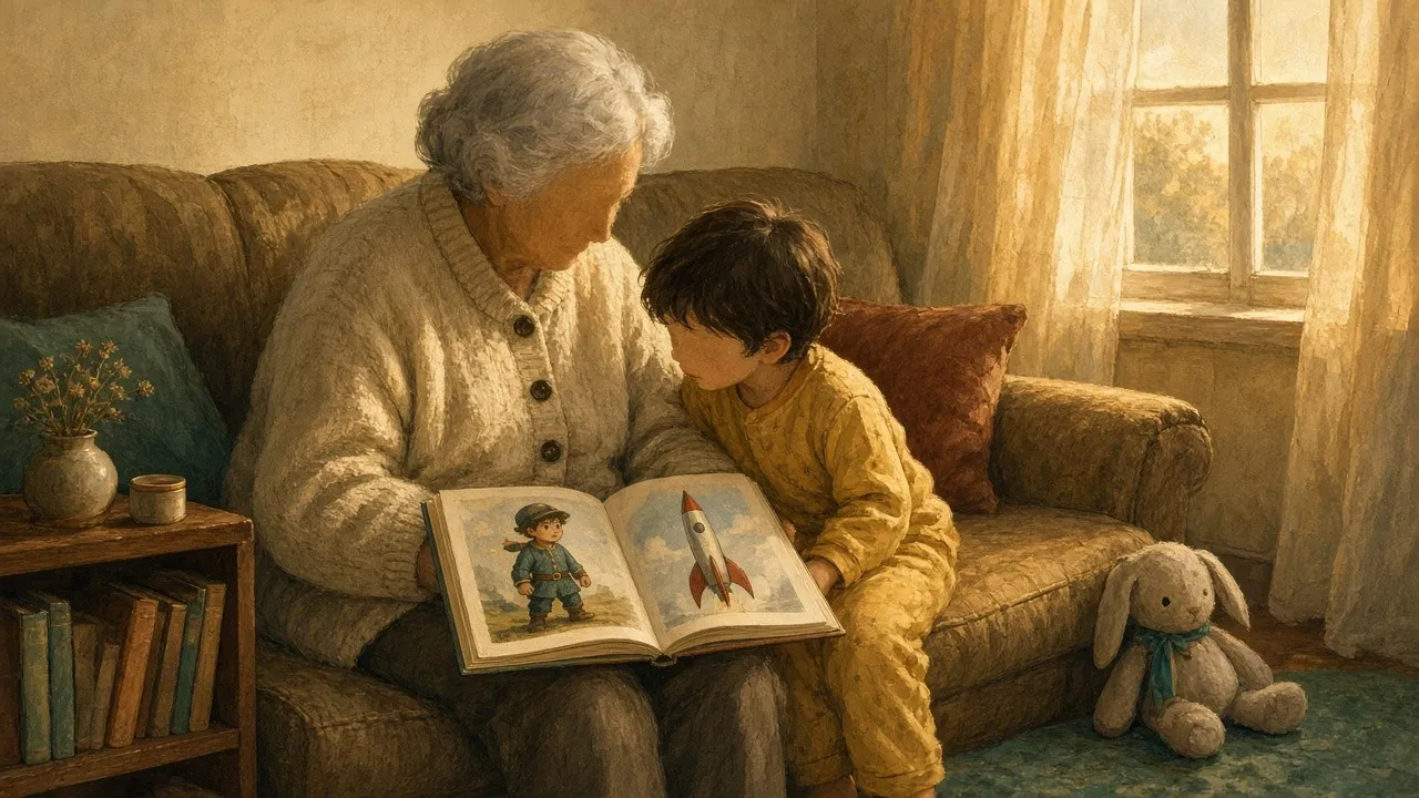 A grandparent and a young child sit on a sofa, looking at an open picture book in warm evening light.