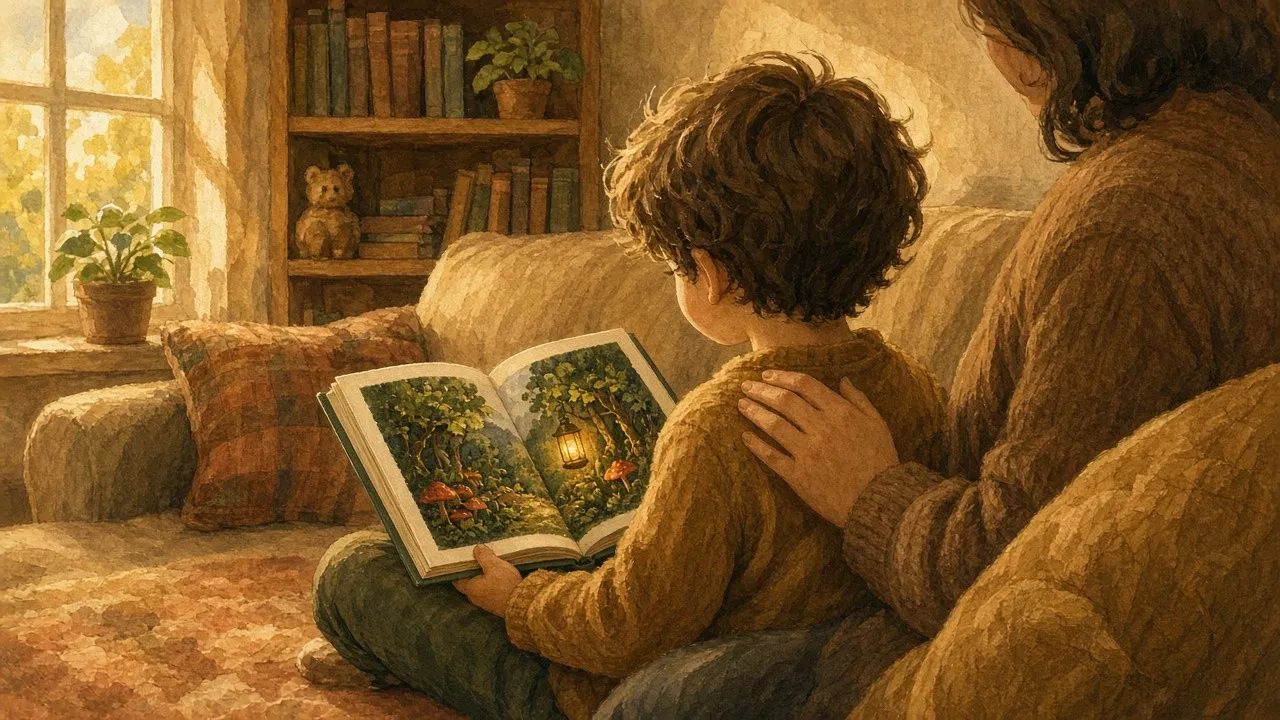 A child from behind sitting beside an adult on a sofa, reading a picture book with a woodland lantern illustration in warm evening light.