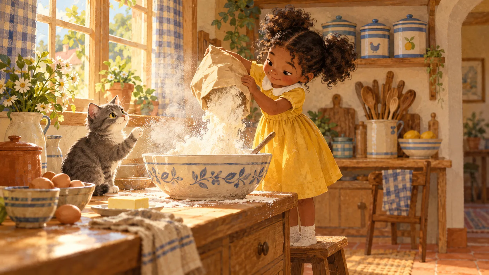 A five year old girl in a mustard dress stands on a stool tipping flour into a mixing bowl as a cat watches in a sunny kitchen.