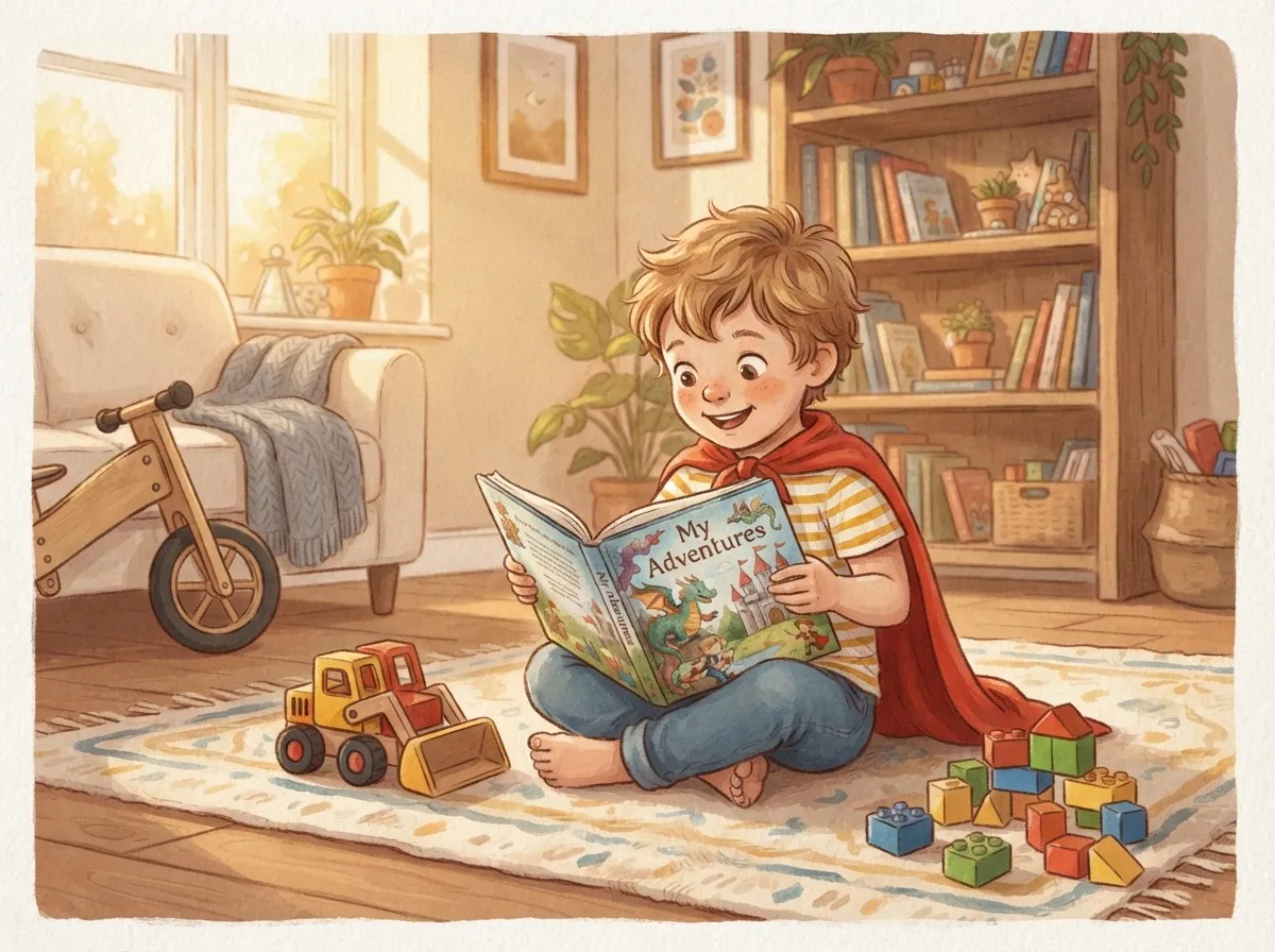 A small boy wearing a red cape reads an illustrated storybook in a sunlit living room filled with toys and a balance bike.