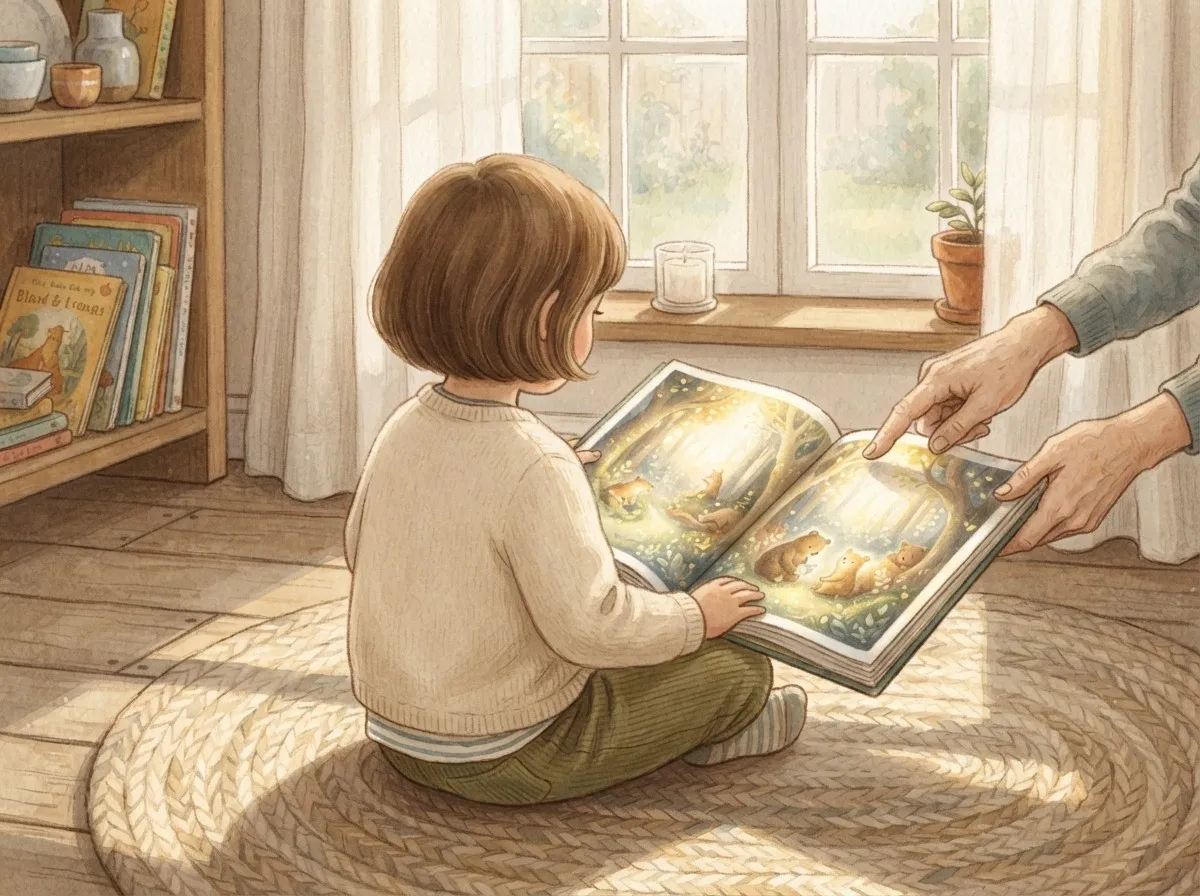 A young child sits on a rug holding a picture book while a grandparent's hands point to the page, near a window with a candle on the sill.
