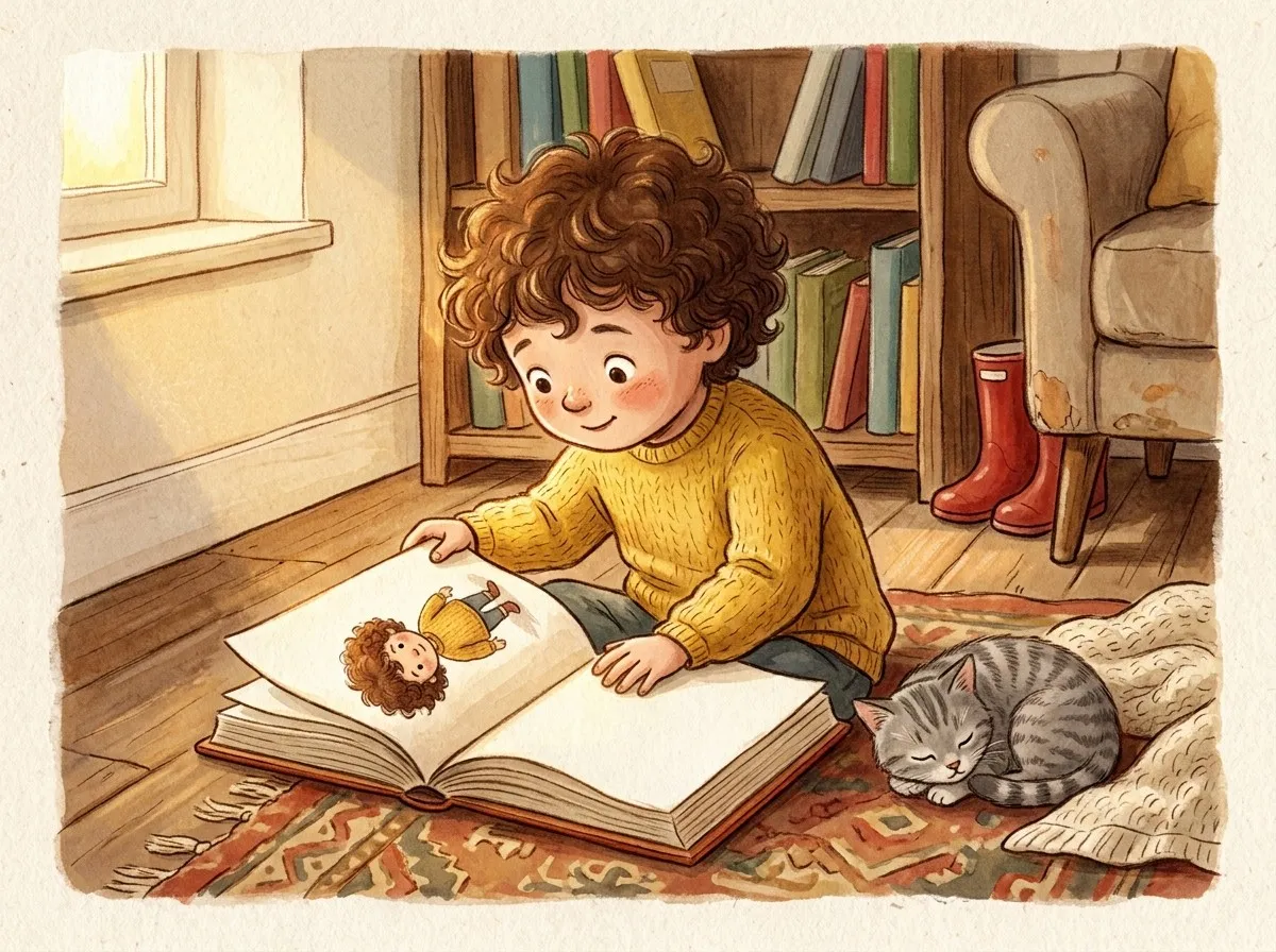 A young child in a yellow jumper sits on the floor reading a storybook in sunlit room, with a sleeping cat nearby.