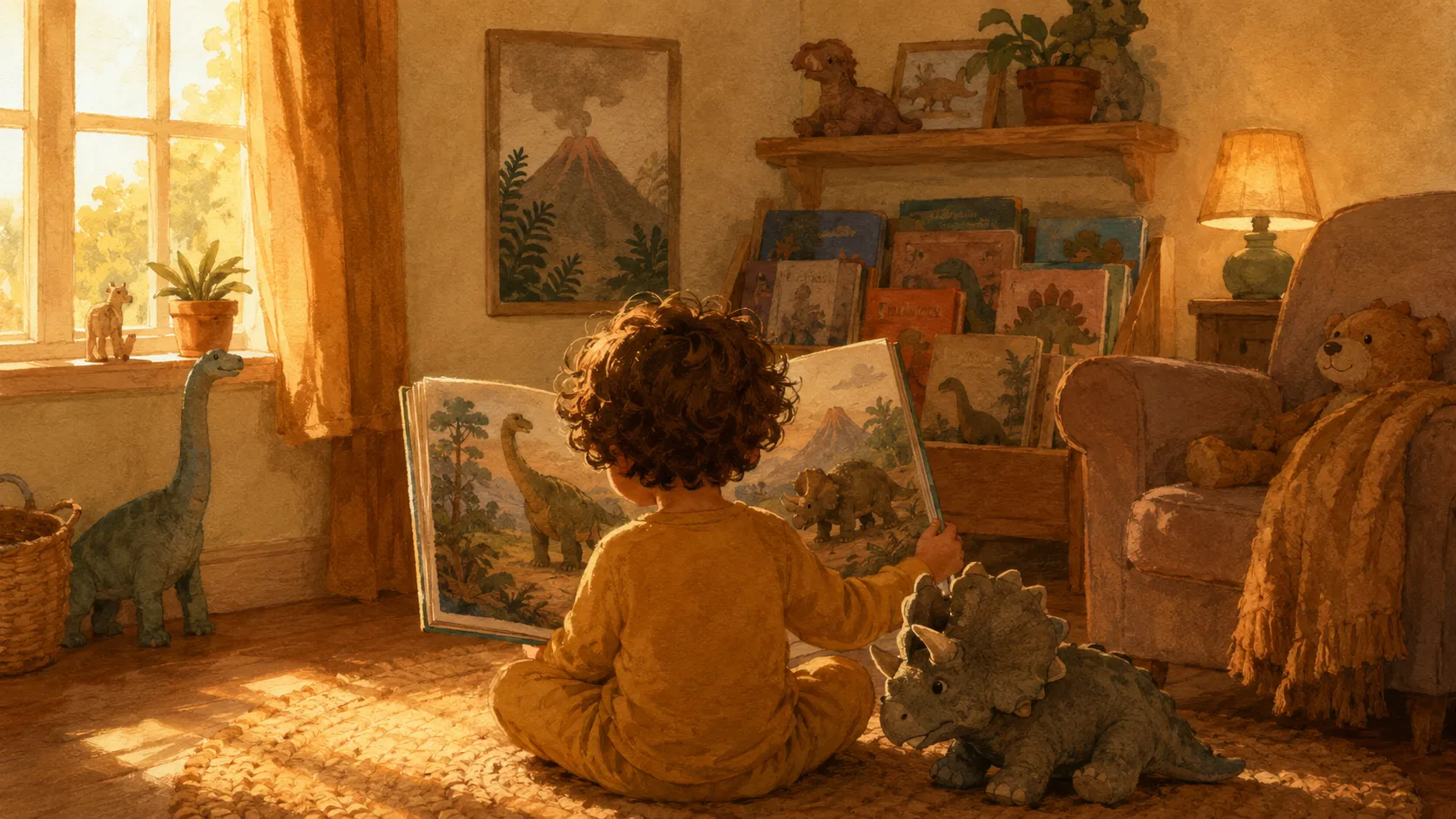 A young child seen from behind sits cross-legged on a woven rug, reading a large picture book beside a toy triceratops in warm evening light.