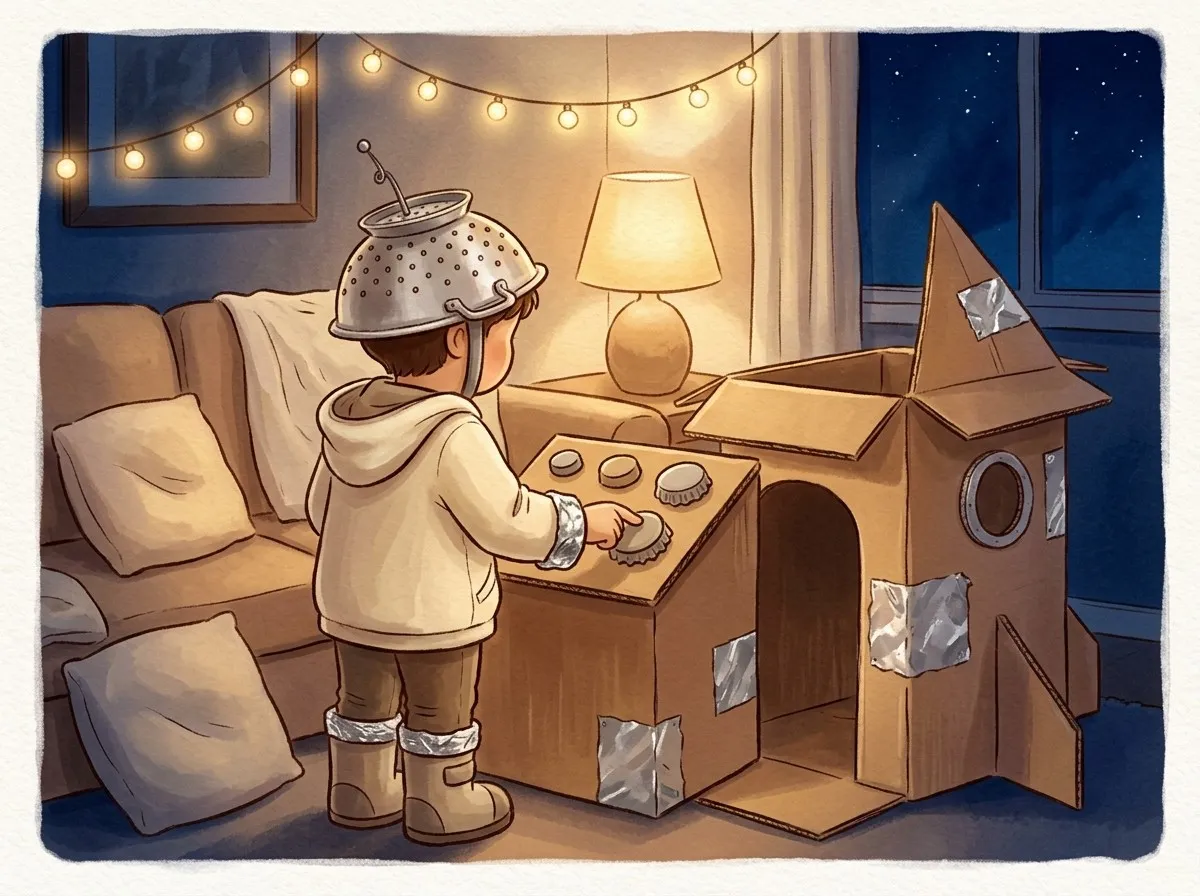 A young child in a homemade astronaut costume works at a cardboard control panel inside a box rocket in a warm, dim living room at night.
