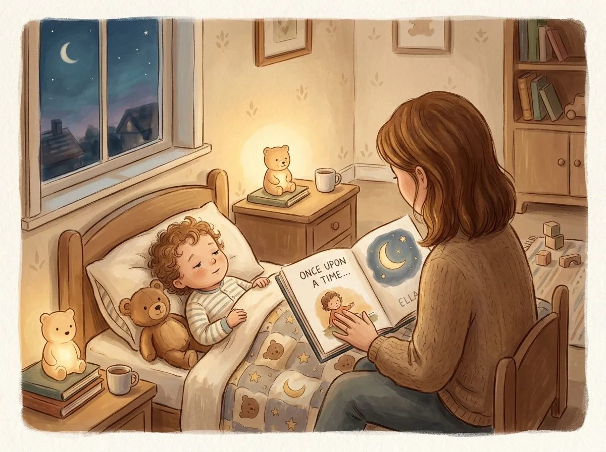 A parent reads a personalised bedtime book to a sleepy toddler in a softly lit bedroom at dusk, with a moon visible outside the window.