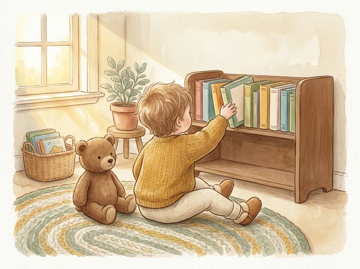 A toddler in cosy slippers reaches for a book from a low wooden shelf in a sunny nursery corner.