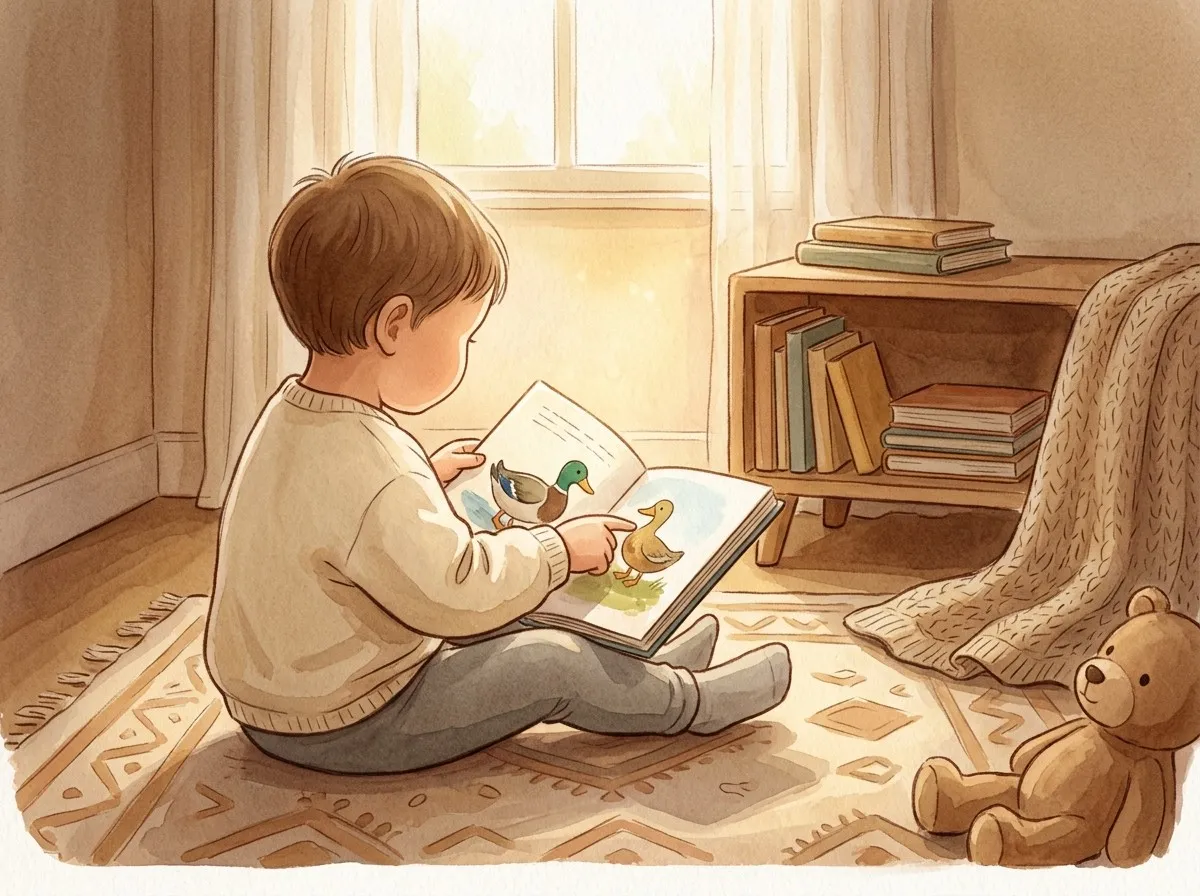 A young child sits on the floor pointing at a picture in an open book in a sunlit cosy bedroom.