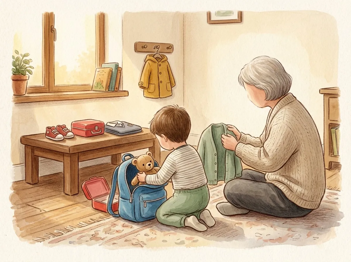 A young child packs a school bag with a toy and lunchbox while a grandparent sits nearby, holding a cardigan, bathed in warm morning light.