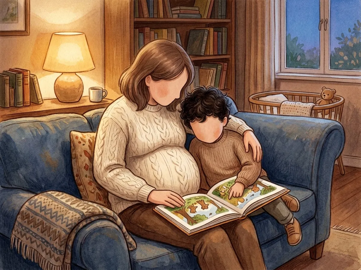 A parent with a visible pregnancy belly and a young child sit close on a sofa in warm evening light, looking at an open picture book together.