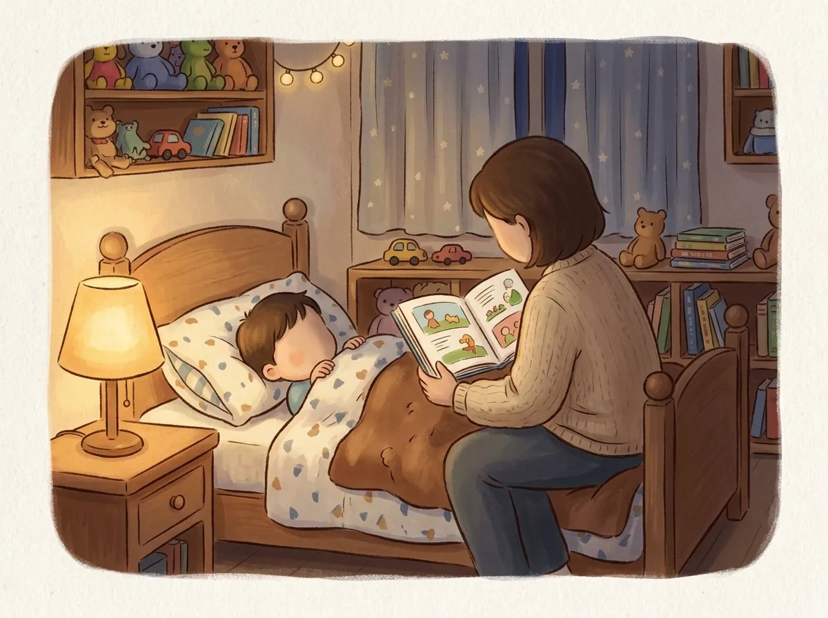 A parent reading a bedtime story to a child in a warmly lit bedroom at dusk.