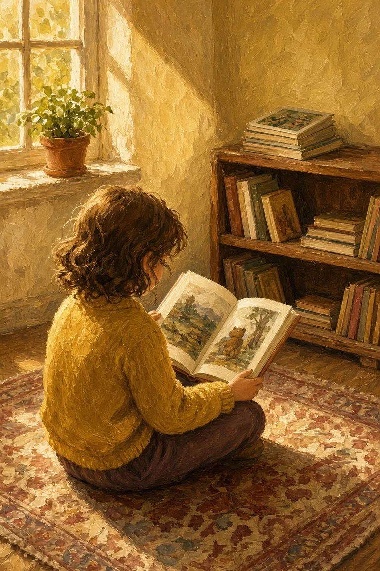 A young girl in a mustard jumper sits cross-legged on a rug, absorbed in a picture book, warm afternoon light falling across the page.
