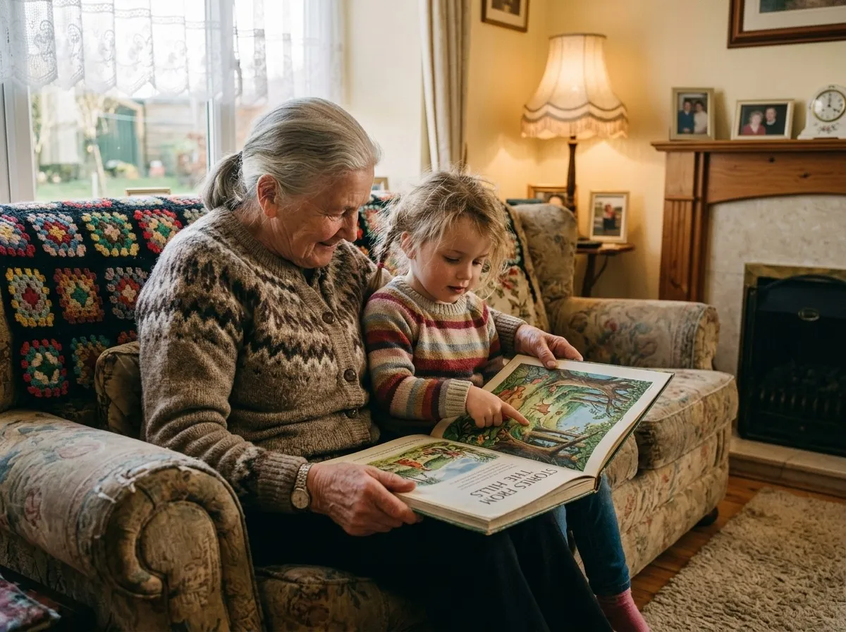 A grandparent and grandchild sitting close together on a sofa in a cosy Irish sitting room, sharing a picture book on a Sunday afternoon.