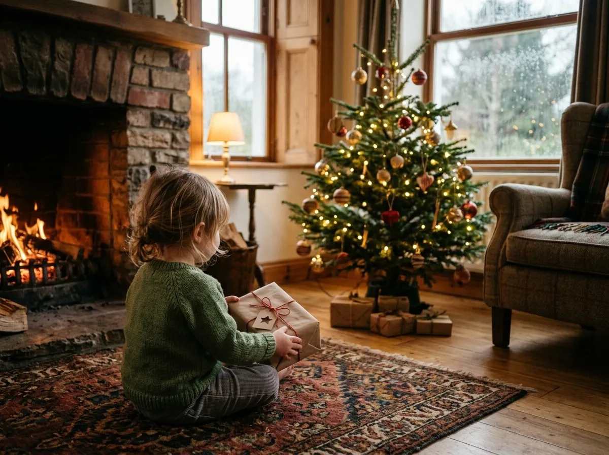 A toddler sitting on a rug beside a modestly decorated Christmas tree in a small Irish sitting room, holding a wrapped gift, with rain visible on a window in the background