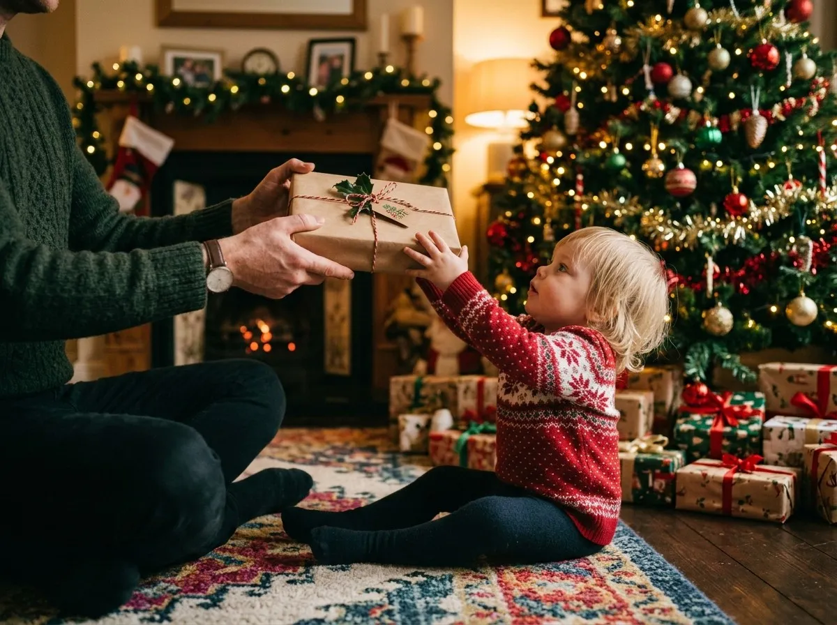 An adult handing a wrapped hardcover storybook to a small child beside a decorated Christmas tree in a cosy Irish living room