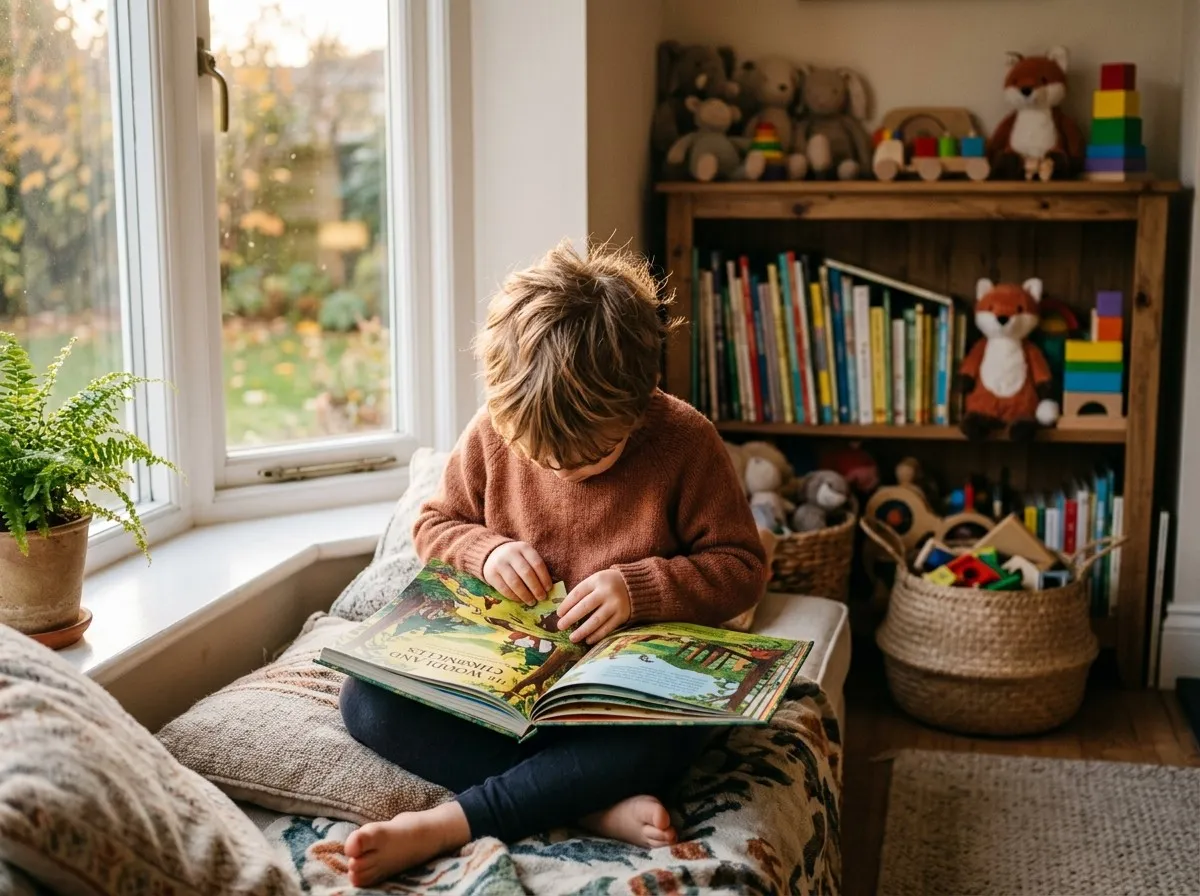 A young child sits absorbed in a picture book on a window seat, a full toy shelf ignored behind them, warm afternoon light through the window.