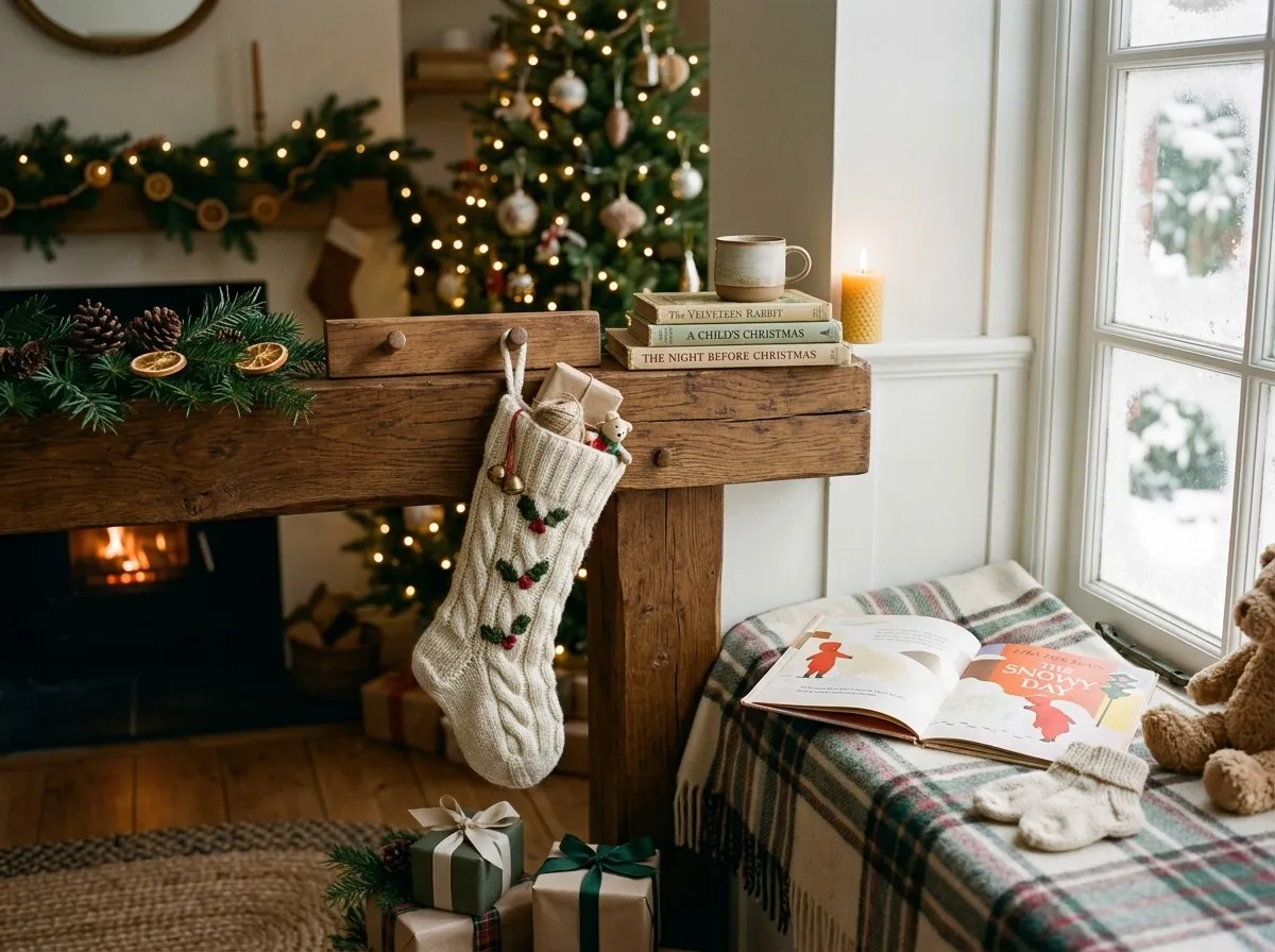 A knitted baby's Christmas stocking and a small stack of picture books beside a frosted window, with a decorated tree softly out of focus in a cosy living room.