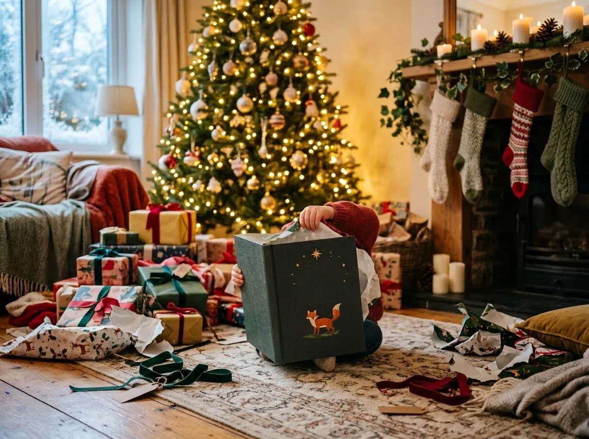 A child's hands unwrapping a personalised storybook beside wrapped Christmas presents in a cosy Irish living room, with a decorated tree glowing softly in the background.