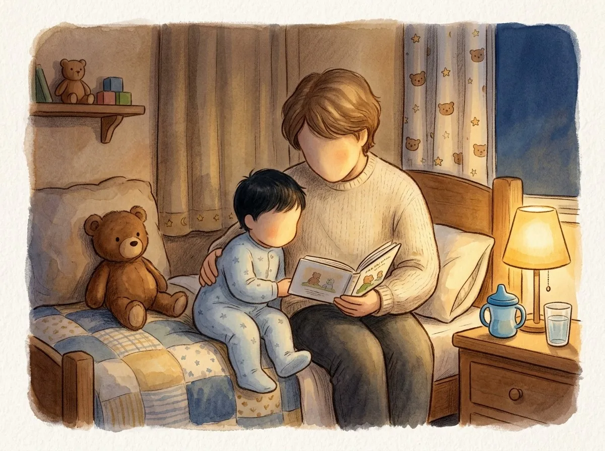 A parent and toddler reading a personalised bedtime book in a softly lit nursery at dusk.