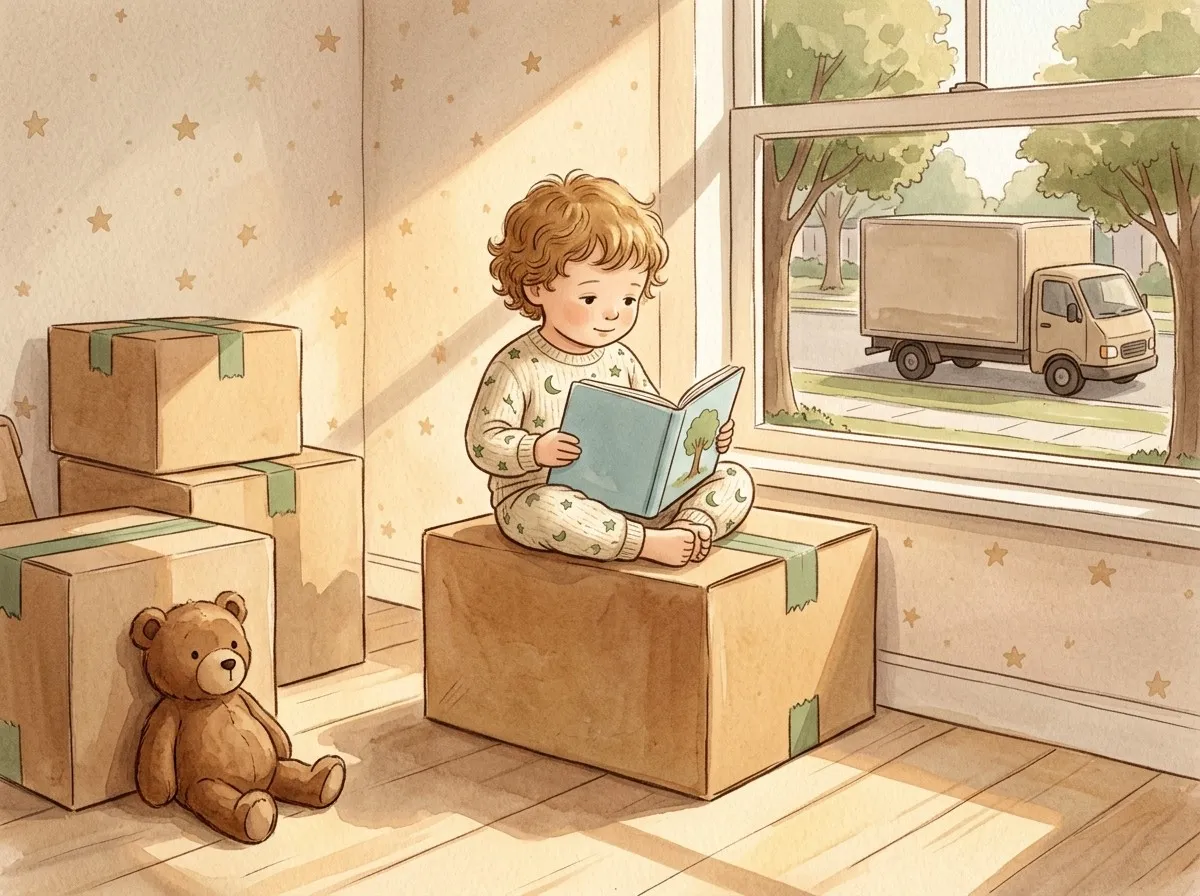 A toddler in pyjamas sits on a packed box in a half-empty bedroom, holding a book while a removal van waits outside in warm afternoon light.