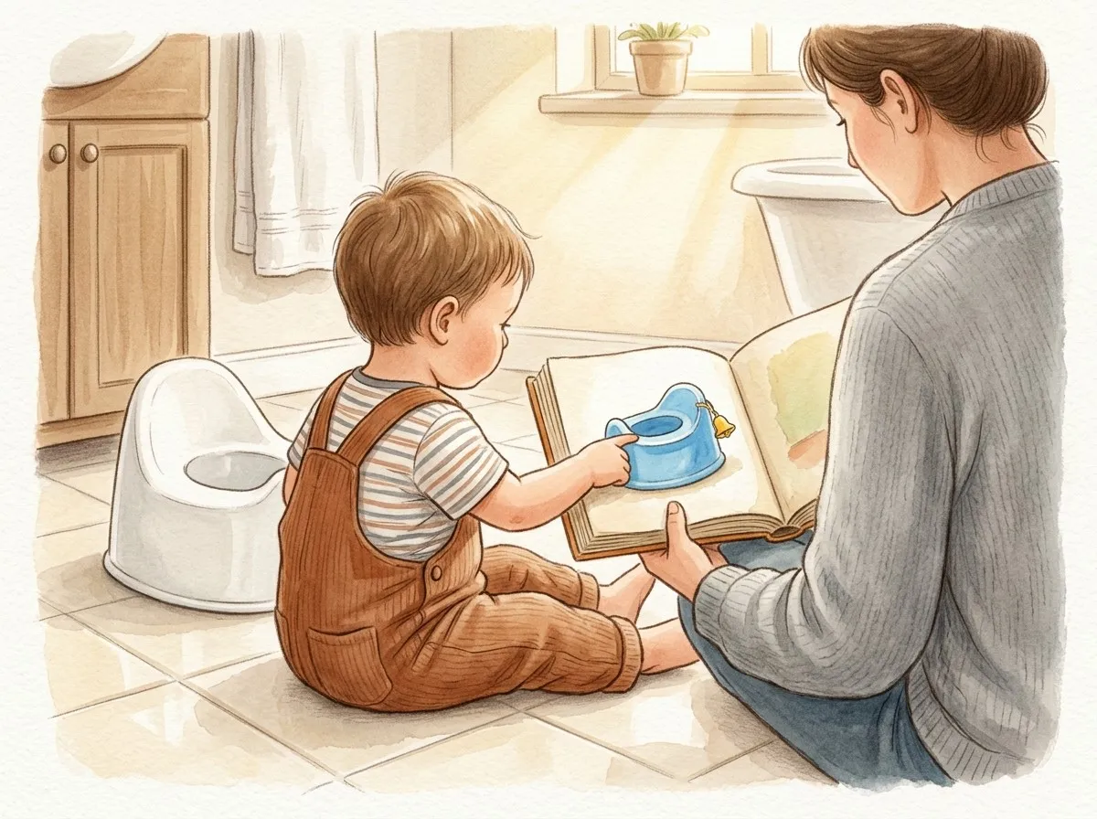 A toddler and a parent sit on a bathroom floor reading a picture book together beside a child's potty.