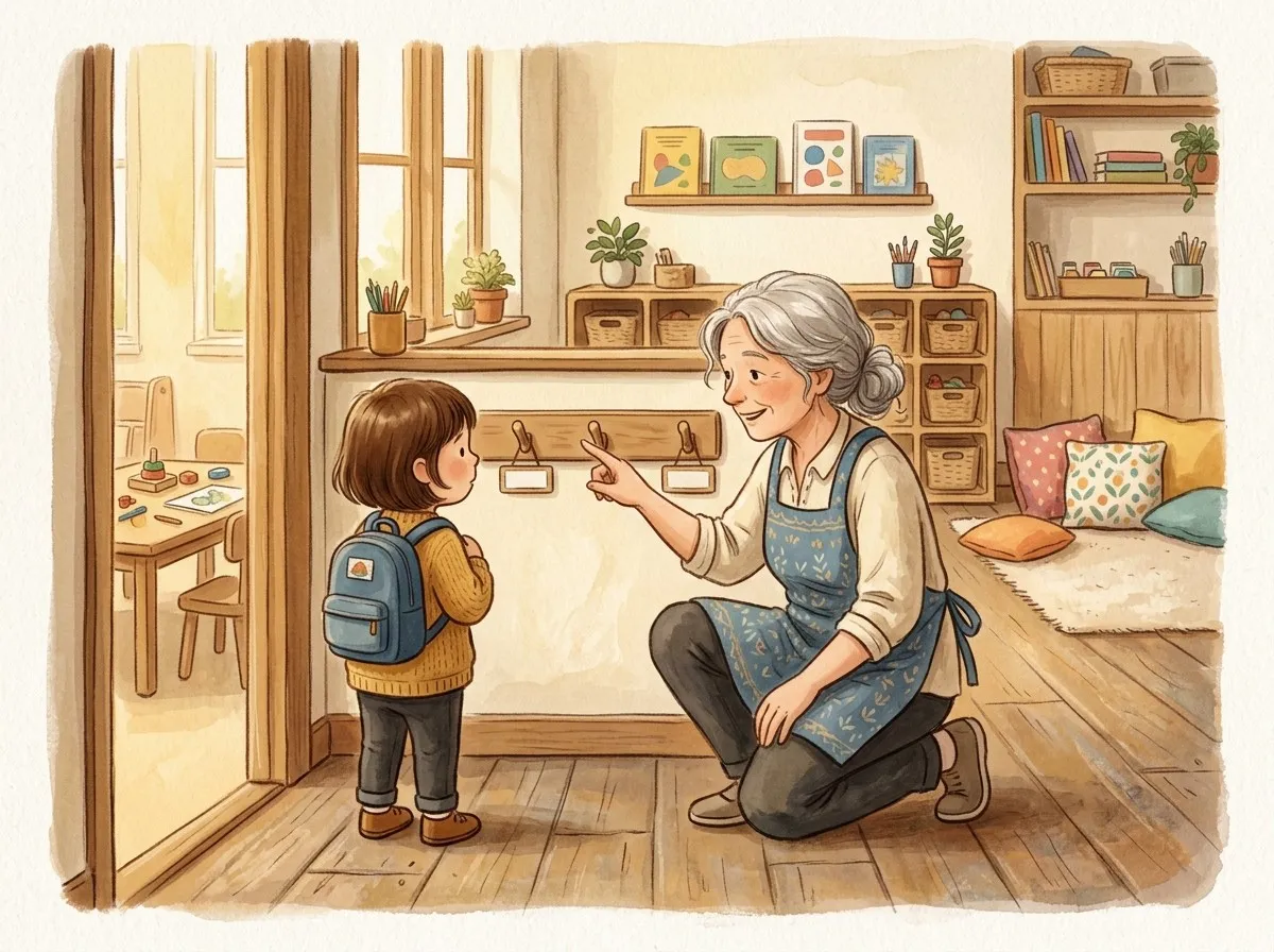 A hand-painted illustration of a small child with a backpack standing inside a cosy preschool classroom while a teacher kneels by the coat pegs.