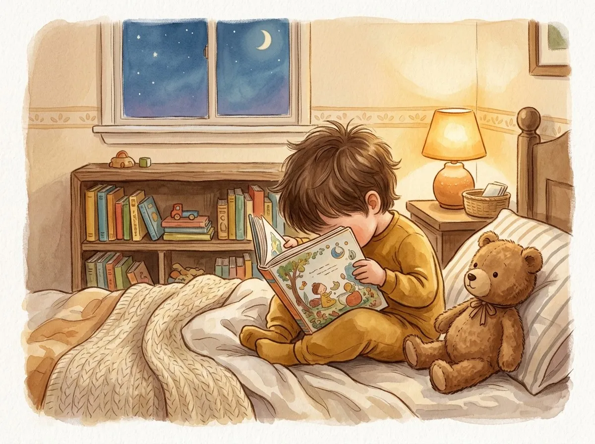 A young child in mustard pyjamas sits on a bed in a warm lamplit nursery, quietly reading a personalised picture book with a teddy nearby.