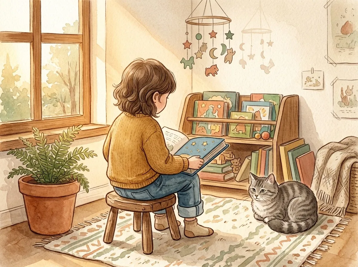 A six-year-old child in a mustard jumper sits on a wooden stool reading an open book beside a grey cat in a sunlit reading nook with a low bookshelf and paper mobile.