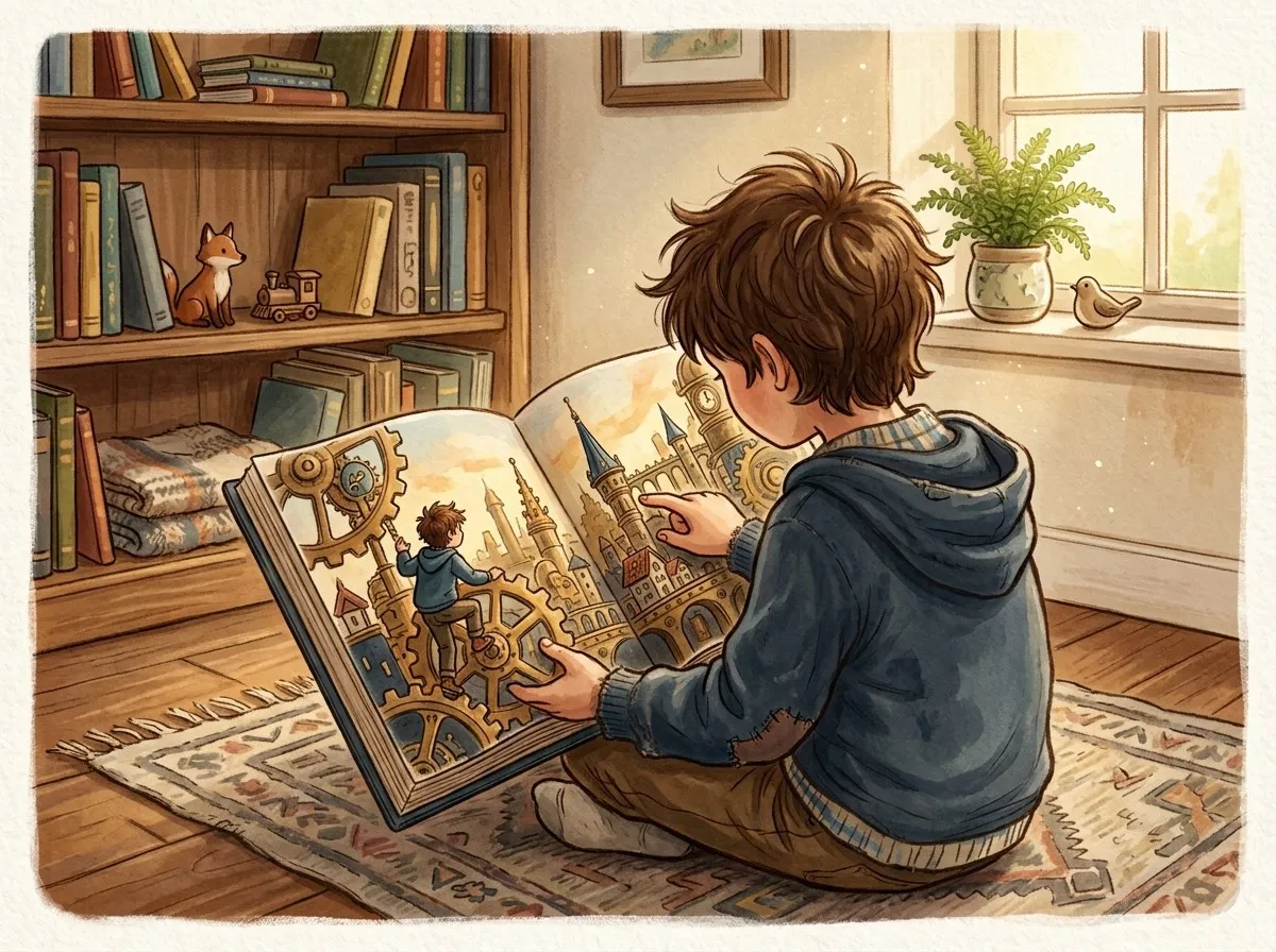 A child sits with their back turned, reading a book open to a hand-painted page that mirrors their own appearance, in a sunlit room filled with books.