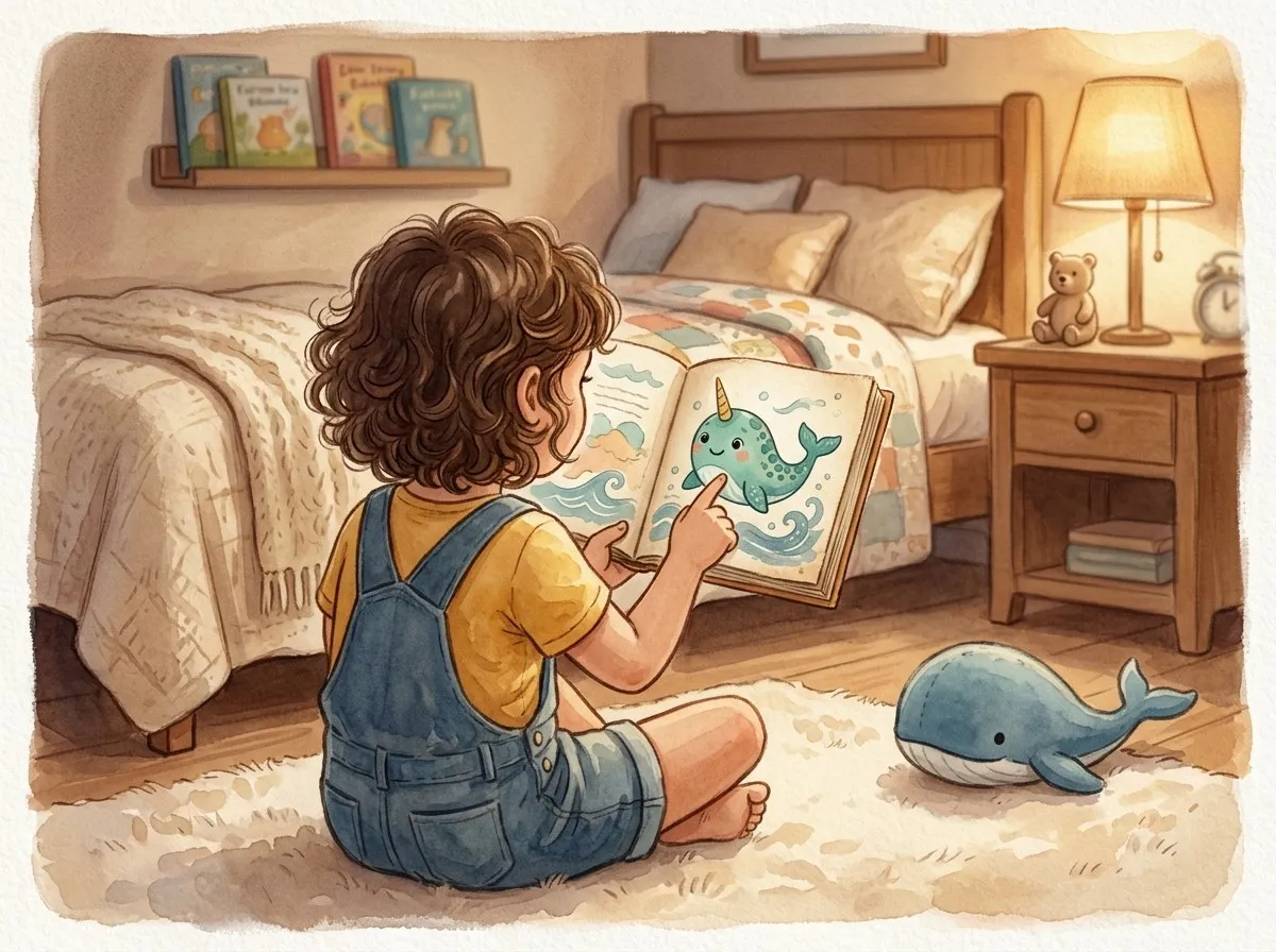 A five-year-old child seen from behind holds an open storybook in a lamp-lit bedroom, pointing at a friendly sea creature on the page.