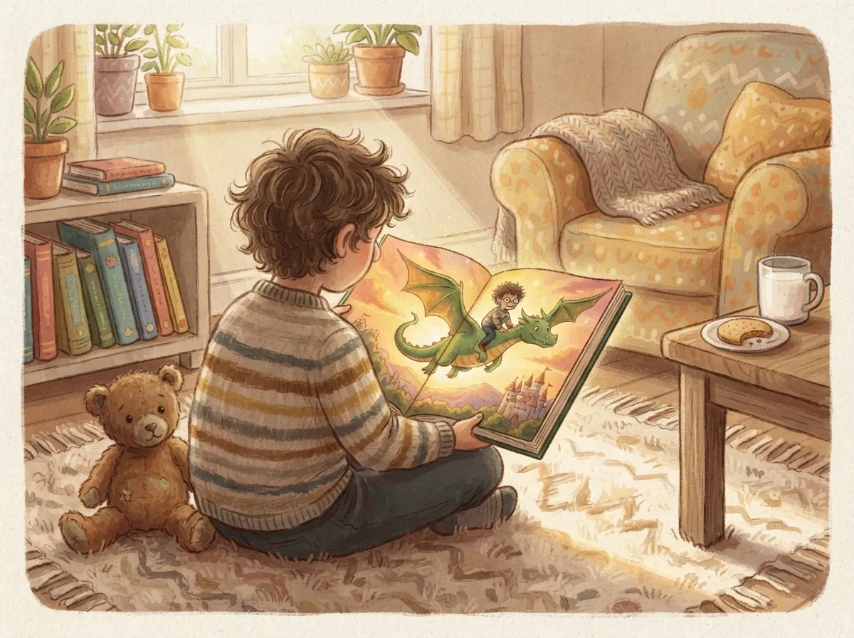 A child sits on a rug in a sunlit room, holding open a personalised book where a dragon-riding hero looks just like them.