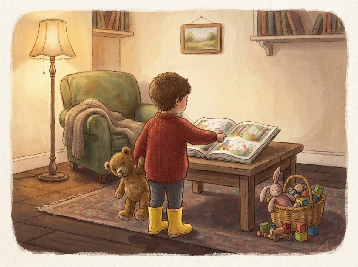 A young child in a red jumper and yellow wellies points at an open personalised book in a warm, lamp-lit room, holding a teddy bear.