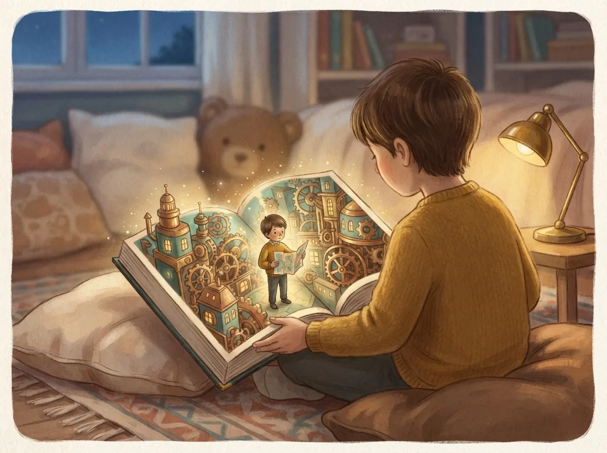 A child seen from behind holding an open hardback book, with a tiny illustrated version of themselves exploring a clockwork city inside the pages.