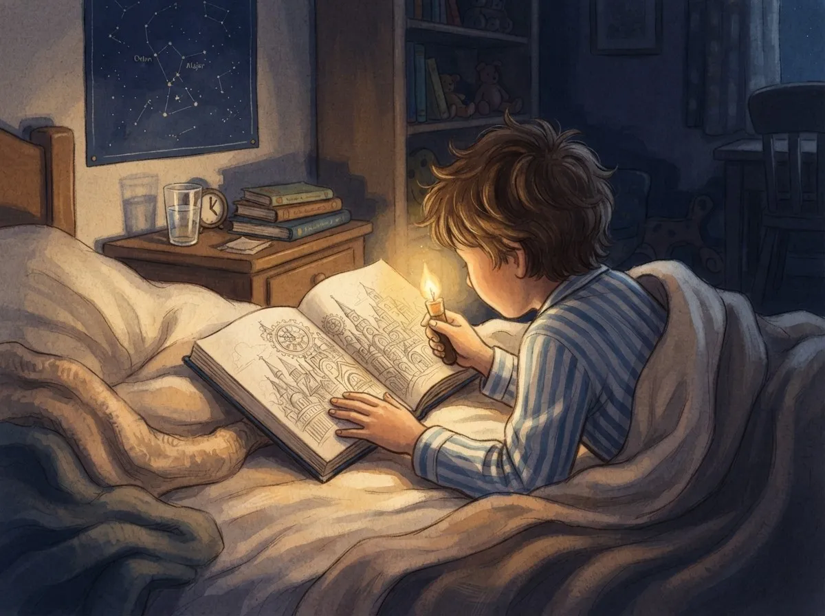 A child reading a book by torchlight under a duvet in a darkened bedroom, with a poster of stars on the wall.