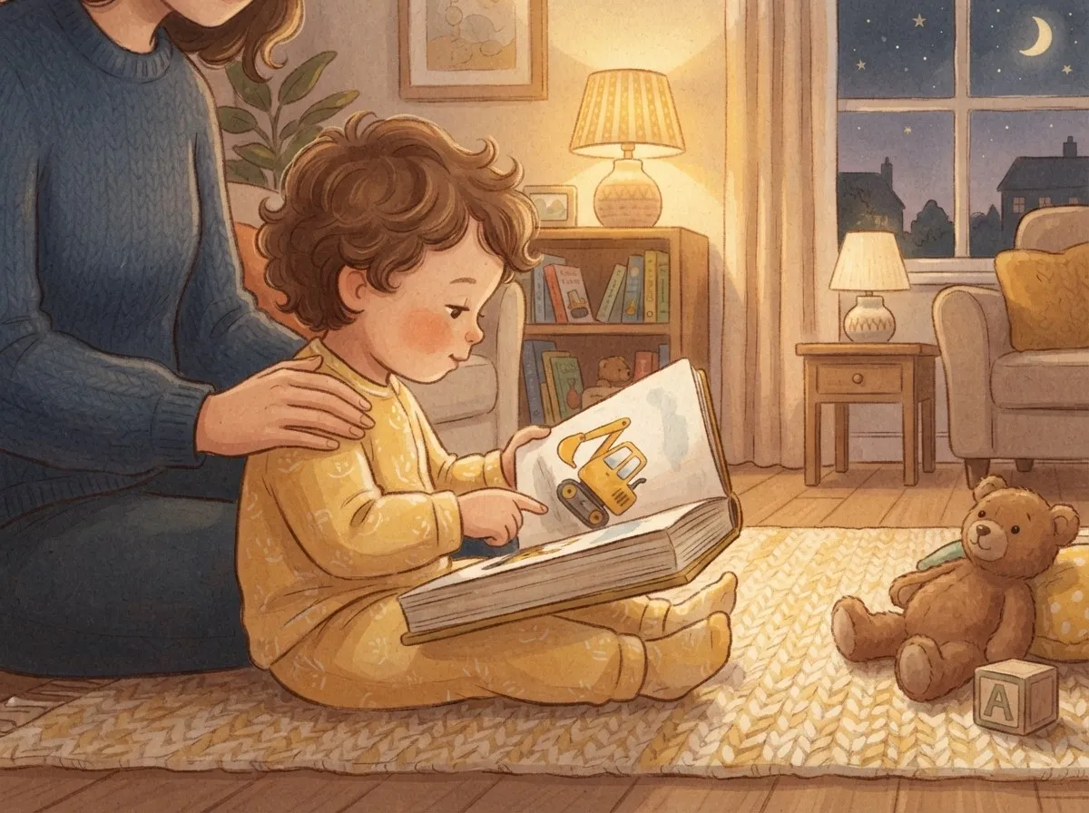A toddler in yellow pyjamas sits on a rug, pointing at a picture book while a parent's hand rests on their shoulder in a softly lit room.