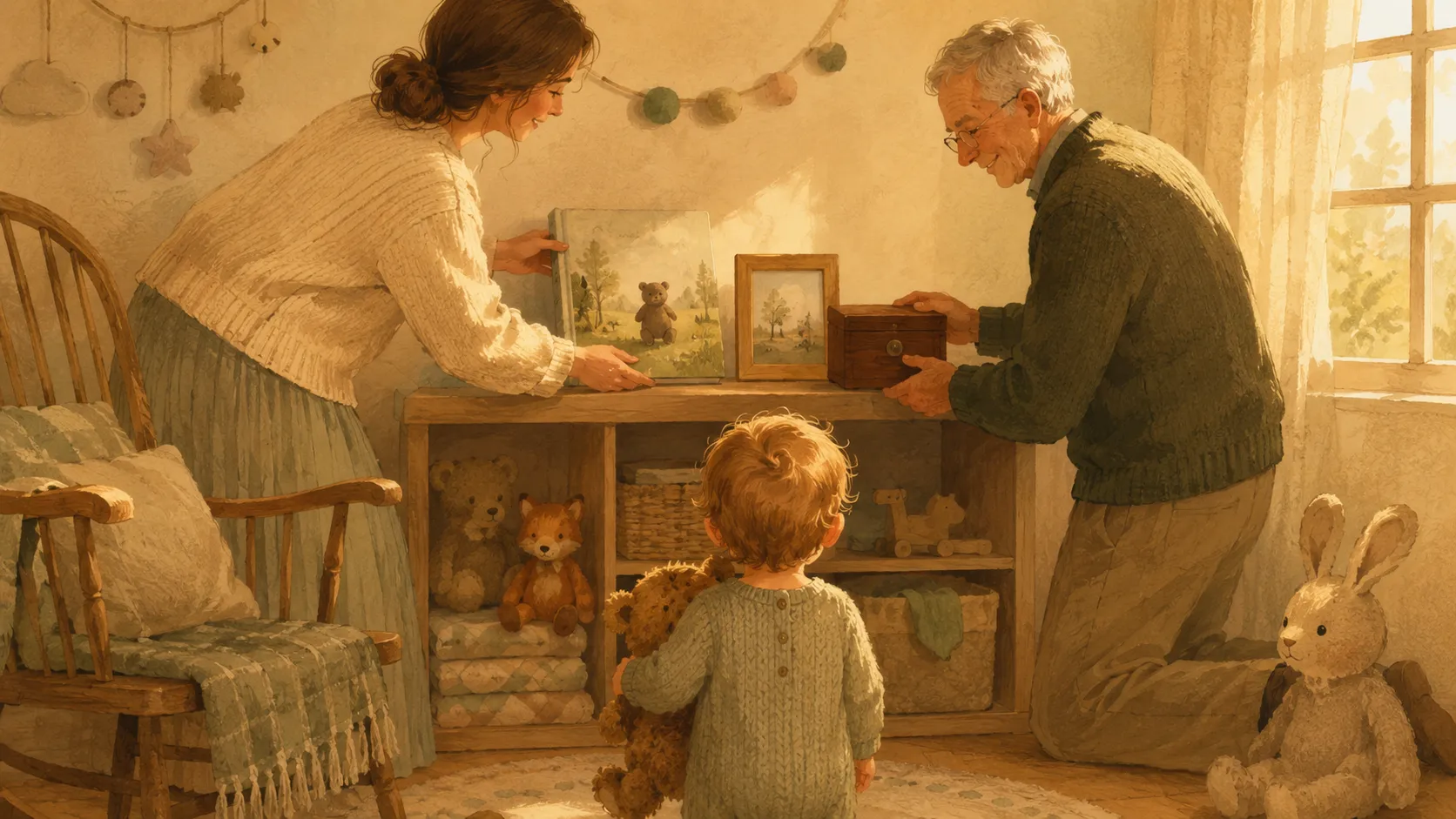 A parent and grandparent place a personalised storybook, memory box and framed note on a nursery shelf while a small child stands nearby holding a teddy bear.
