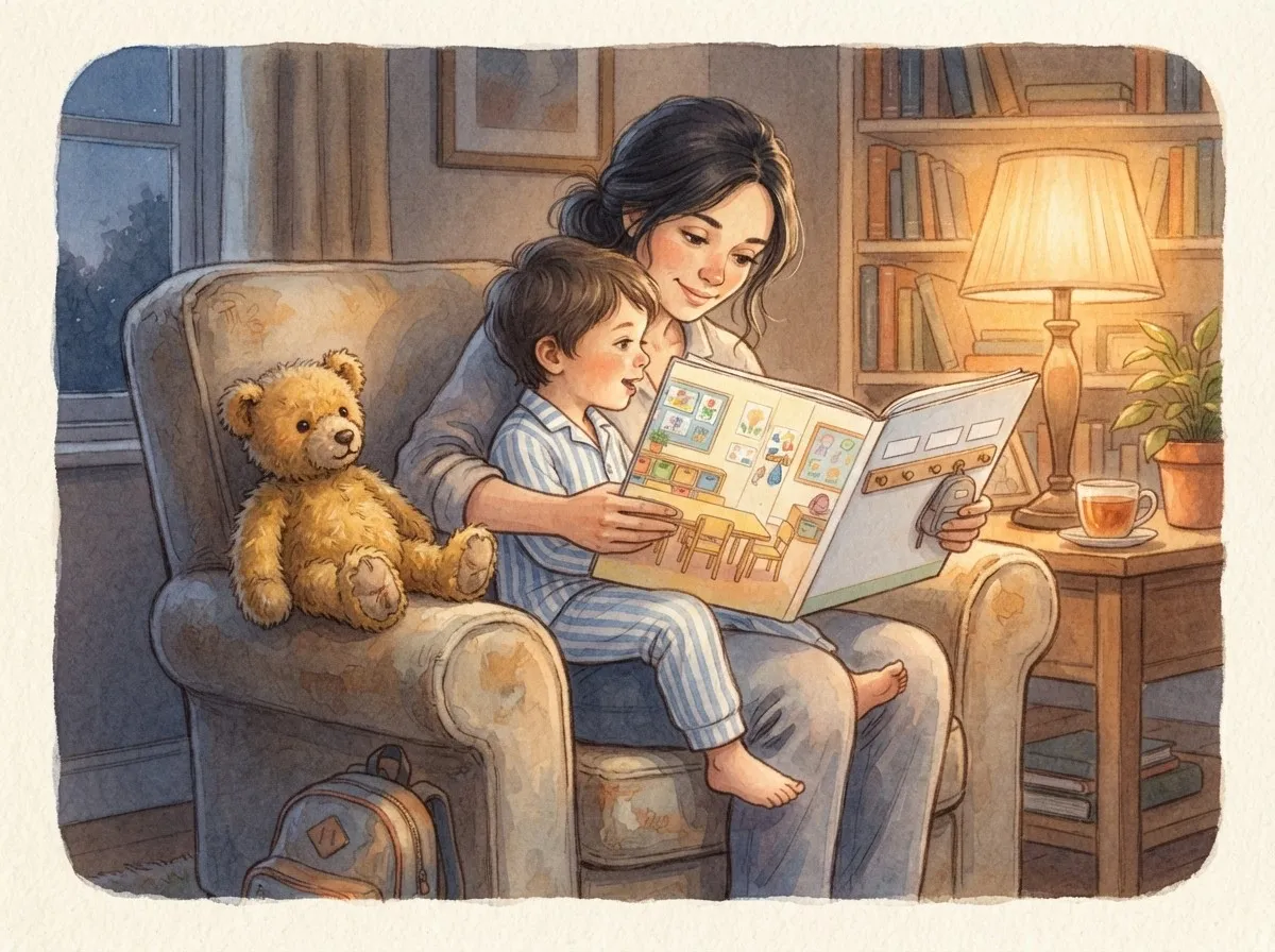 A young child in pyjamas sits on a parent's lap as they read a storybook together, a teddy bear nearby and a school bag ready in the corner.