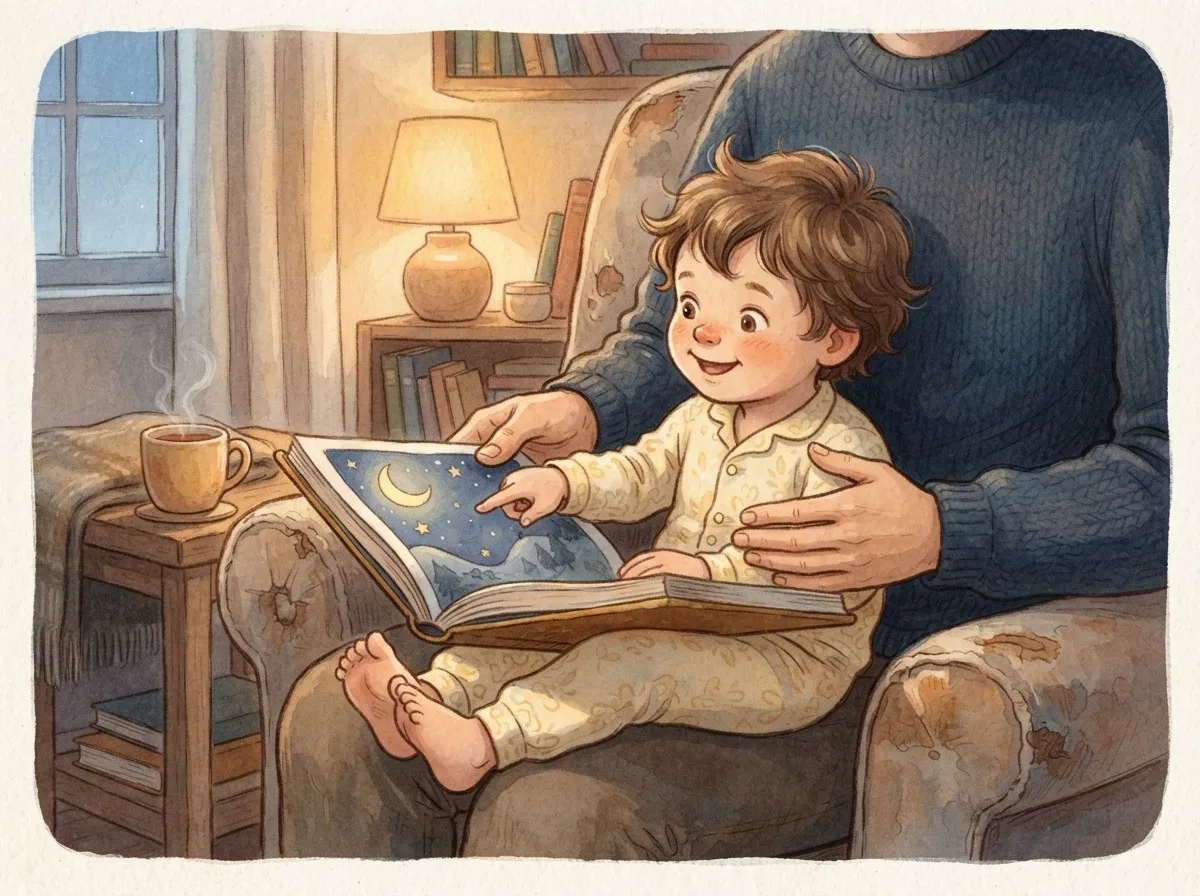A toddler in pale pyjamas points at an open picture book while sitting on a grown-up's lap in a warm, lamp-lit living room at dusk.