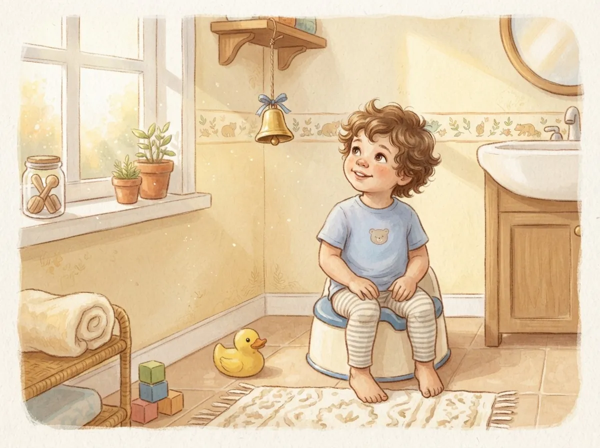 A small child sits on a potty in a sunny bathroom, looking up with curiosity at a little bell hanging above.
