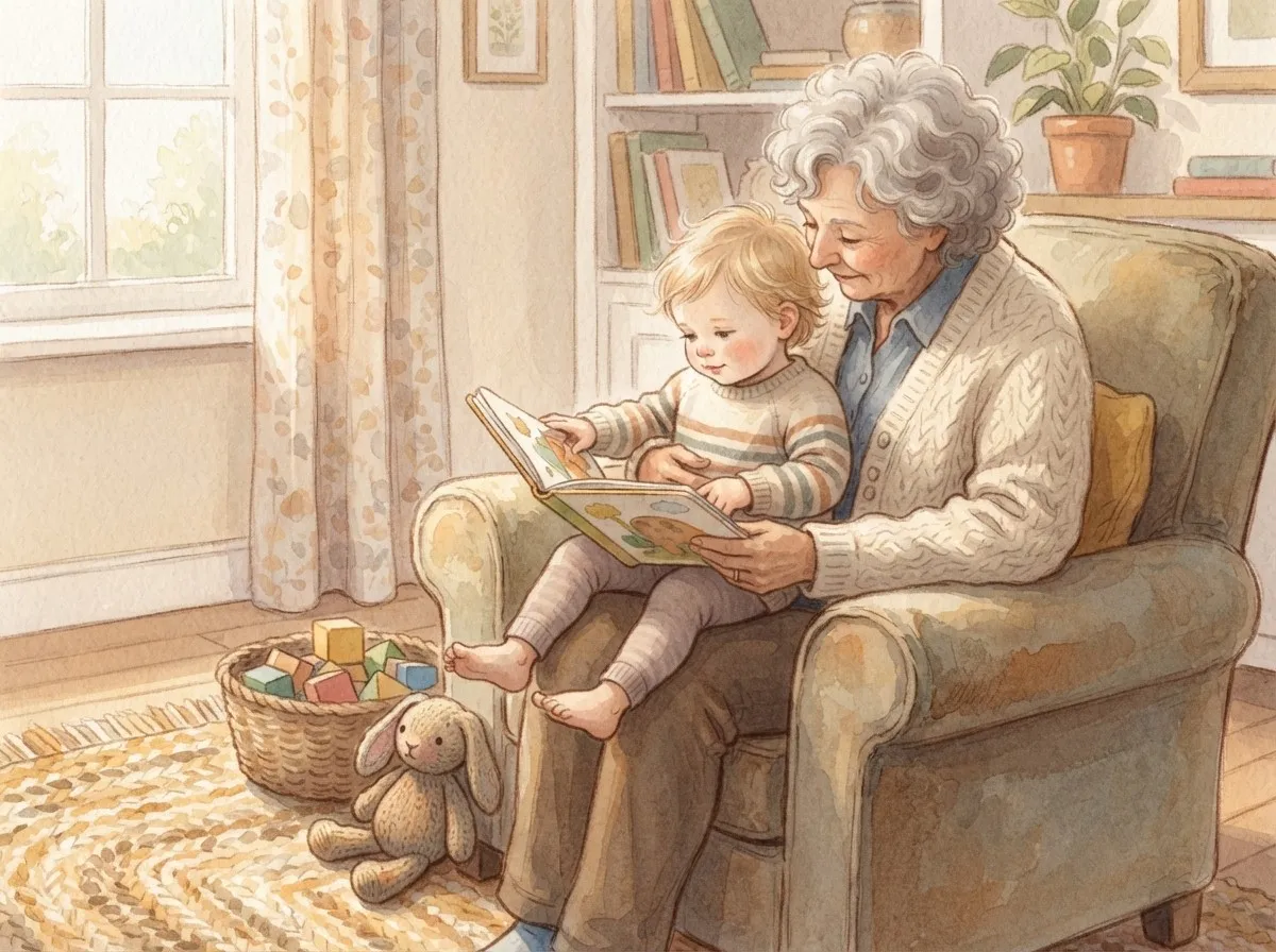 A grandparent and a one-year-old sit together in an armchair, reading an open board book in a warm honey and cream living room.