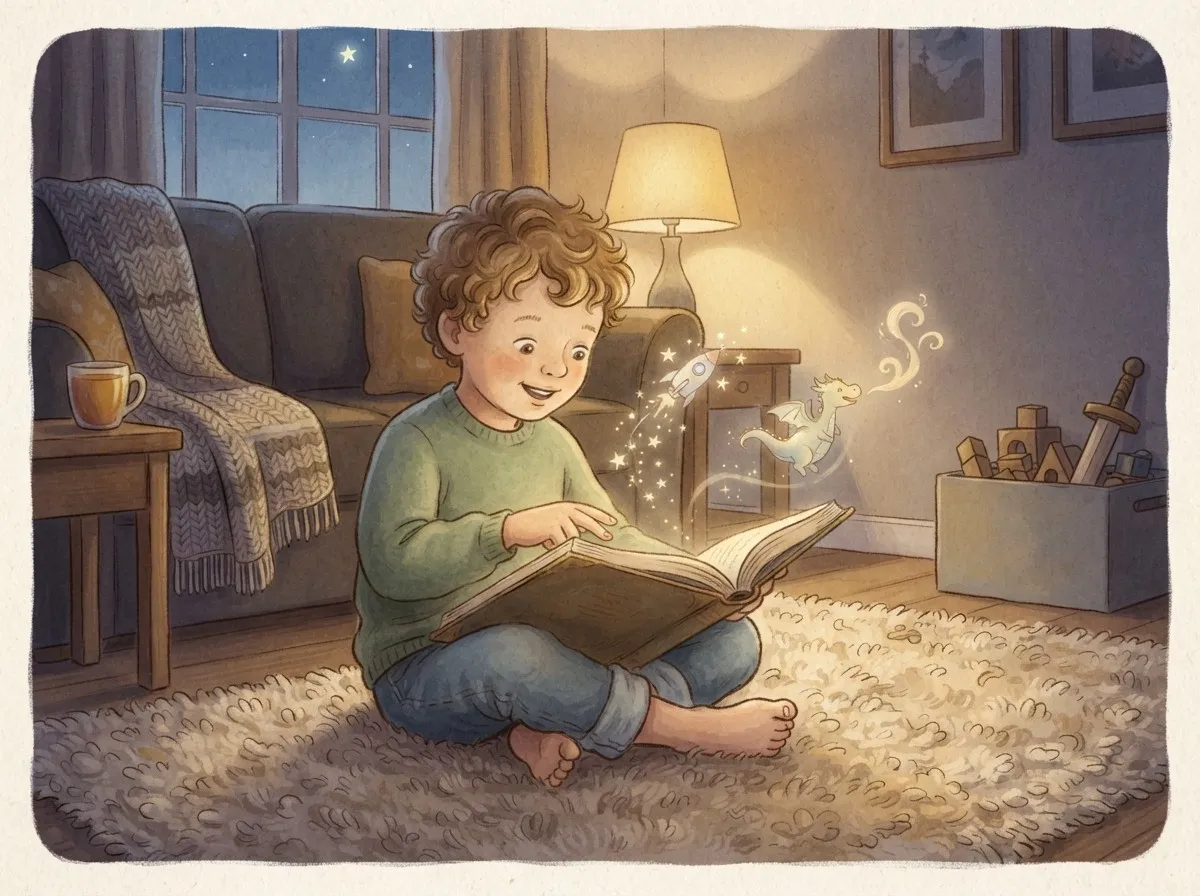 A warm illustration of a young boy in a green jumper sitting on a rug, absorbed in a hardcover book, with dreamlike images of a rocket and dragon rising from the pages in a cosy, lamp-lit living room.