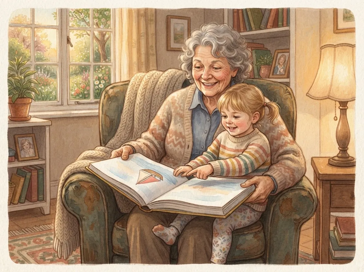 A grandparent and young grandchild cuddled together, reading a colourful picture book in a warm, softly lit room.