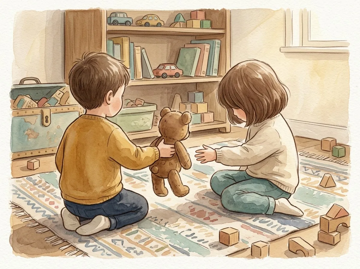 A young child in a mustard-yellow jumper offers a brown teddy bear to another child in a softly lit playroom scattered with wooden blocks.