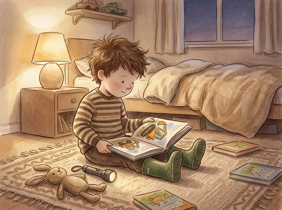 A hand-painted illustration of a young boy with tousled hair, wearing a striped jumper and wellies, sitting on a rug and reading a picture book in a cosy, lamp-lit bedroom with a cuddly toy rabbit beside him.
