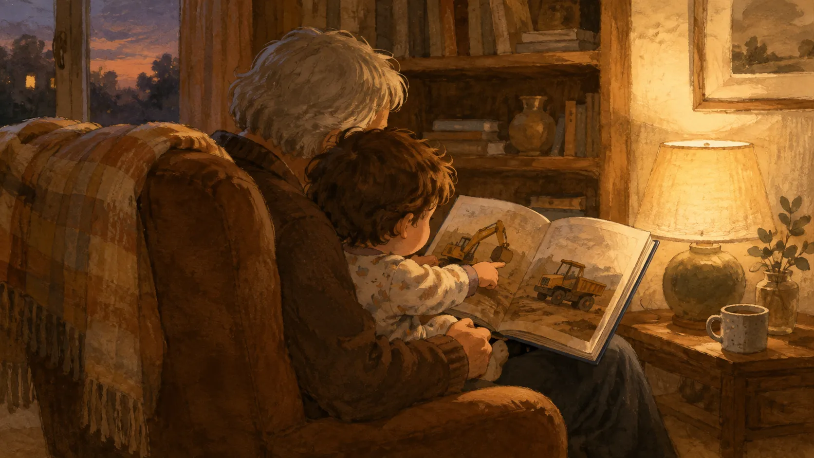 A small child and a grandparent snuggled on an armchair, sharing a picture book about diggers in a warm, dimly lit room.