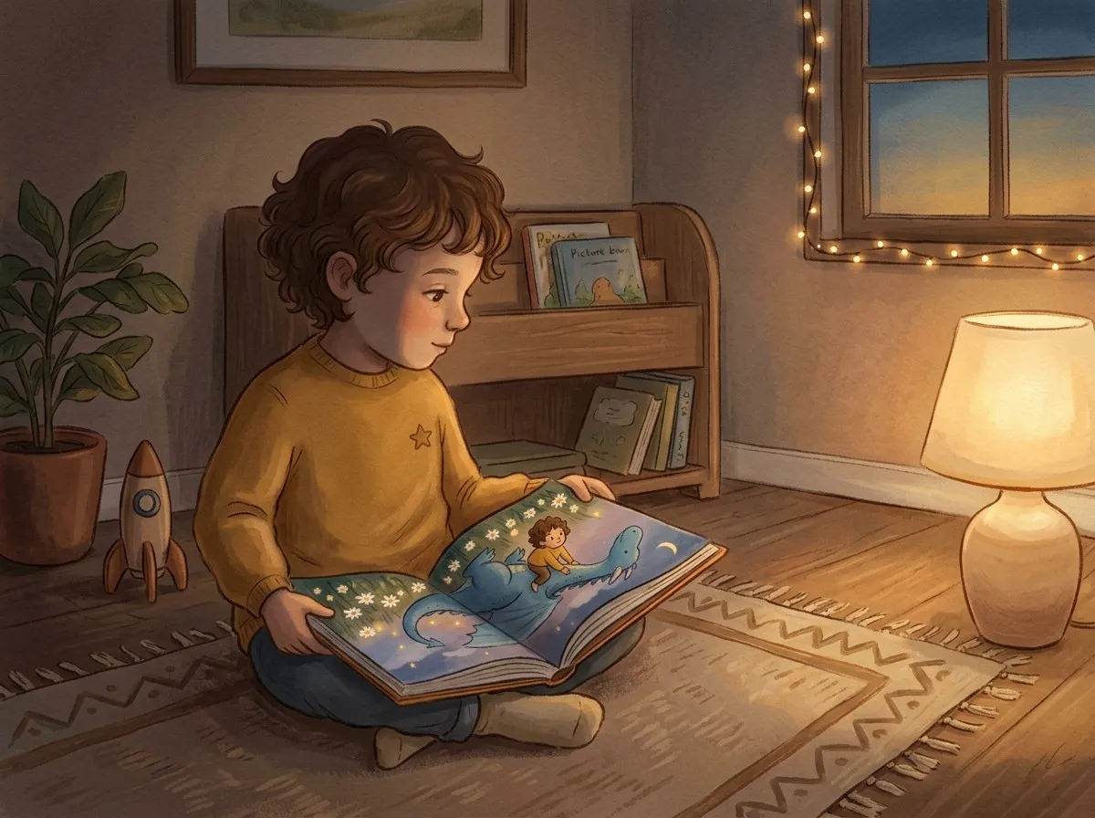 A young child reads a large personalised book open to a page where a character that looks just like them rides a dragon, in a cosy evening room.