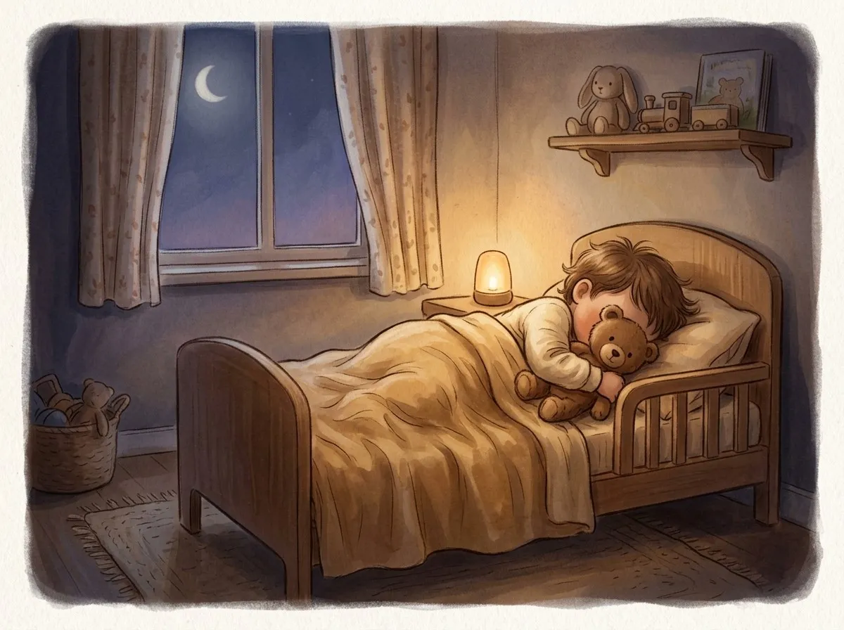 A sleepy toddler in cream pyjamas cuddles a teddy bear under a soft blanket in a warm, dimly lit bedroom at dusk.